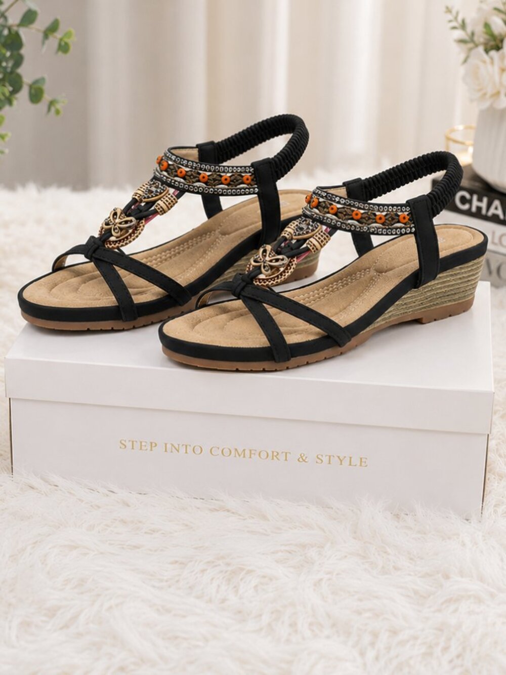 Boho Beaded Wedge Sandals Women's Black Comfort Elastic Ankle Strap Shoes NWT
